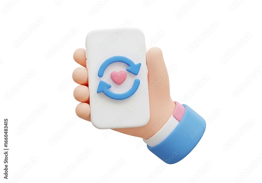 Poster hand holding phone with refresh arrows and heart icon for data sync and updates in a cute design