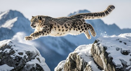 Snow leopard jumping over rocks in snowy mountains