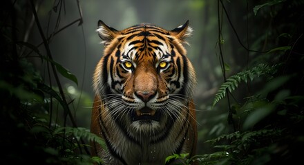 Fototapeta premium Tiger portrait in dense jungle foliage