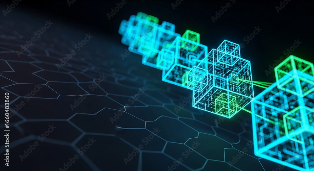 Poster a futuristic digital network of glowing neon cubes arranged in a line on a hexagonal grid, represent