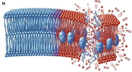Scientific illustration of oxidative stress damaging a cell membrane through reactive oxygen species.
