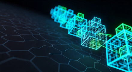 Obraz premium A futuristic digital network of glowing neon cubes arranged in a line on a hexagonal grid, representing data and connectivity