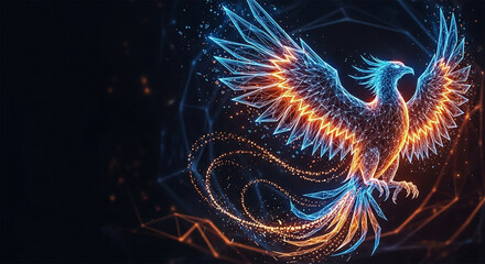 A majestic phoenix made of glowing neon blue and fiery orange light particles, rising from ashes against a dark digital network background