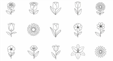 Decorative flower outline vector icons set with detailed floral designs for botanical illustration, spring decoration, and natural elements.