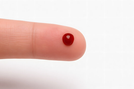 Blood drop on finger close up, red droplet medical test, human health diagnostic concept, glucose diabetes examination sample, laboratory science research, injury wound care, microscopic analysis heal
