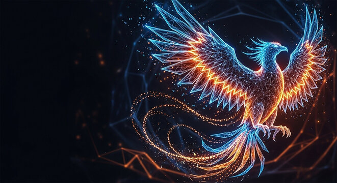 A majestic phoenix made of glowing neon blue and fiery orange light particles, rising from ashes against a dark digital network background
