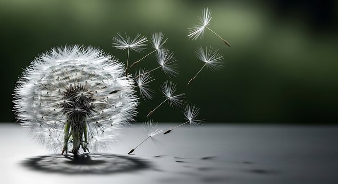 Fototapeta Close-up of a dandelion releasing its seeds, creating a serene and peaceful mood. Perfect for themes of nature, growth, and new beginnings.