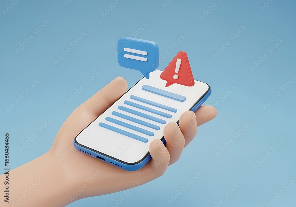 Poster mobile phone alert with message and exclamation mark icon held in hand digital communication concept