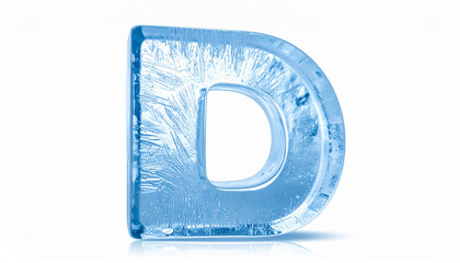 Letter D made of ice isolated on white backdrop. Frozen alphabet symbol. Frost patterns. Cool, fresh