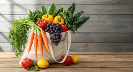 Fresh Produce Bounty: A canvas bag overflows with an array of vibrant fruits and vegetables, showcasing a medley of colors and textures. This scene radiates freshness and healthy living.
