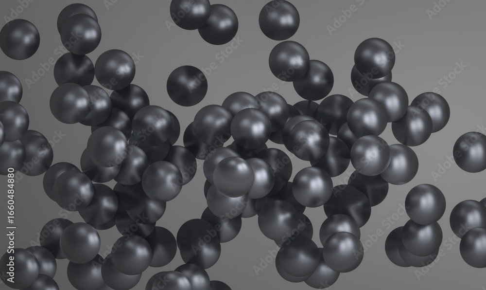 Poster a cluster of abstract, floating spheres in a dark color, creating a visually engaging composition. t