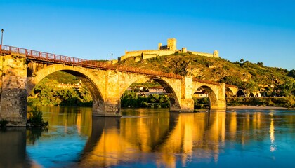 Fototapeta premium Ancient bridge over calm river, castle on hill