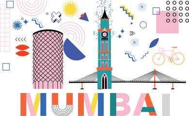 Mumbai culture travel set, famous architectures and specialties in flat design. Business travel and tourism concept clipart. Image for presentation, banner, website, advert, flyer, roadmap, icons