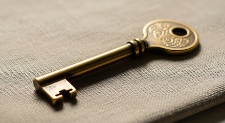 Antique Vintage Brass Key with Intricate Design on Simple Fabric Background.
