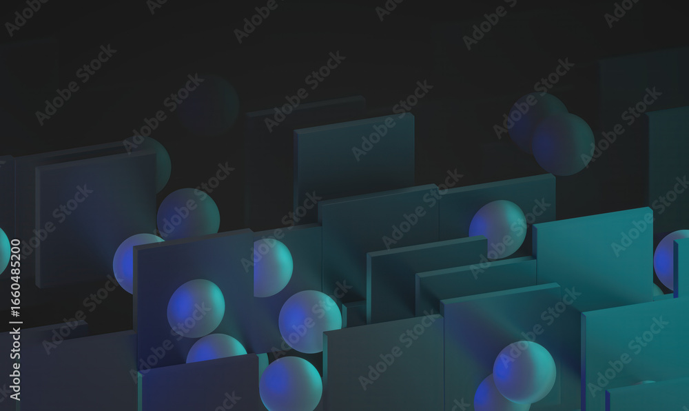 Poster abstract geometric shapes and spheres in a dark and enigmatic atmosphere, rendered in a 3d style. th