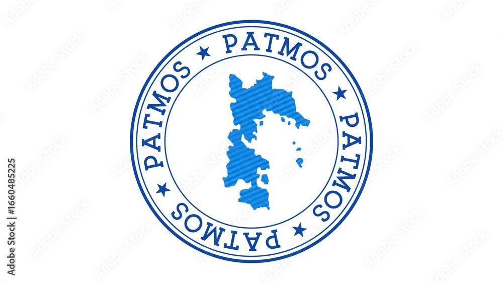 Poster patmos intro. badge with the circular name and map of island. patmos round logo animation.