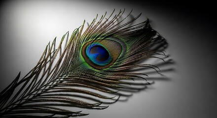 Fototapeta premium Stunning close-up of a vibrant peacock feather, casting a dramatic shadow. Perfect for luxury, nature, and beauty projects.
