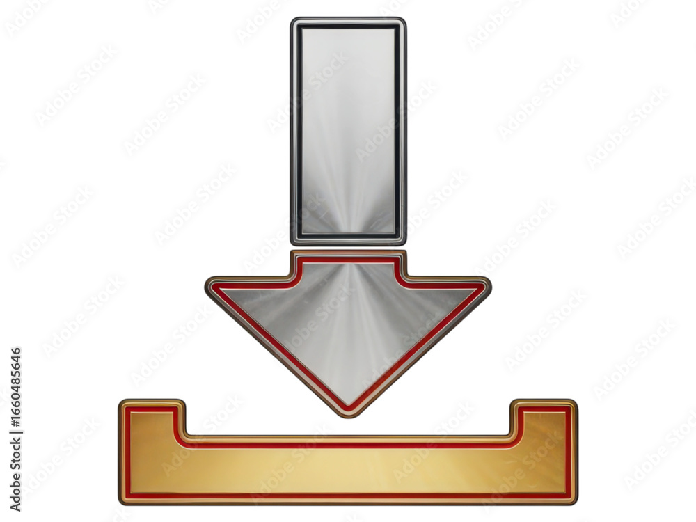 Poster metallic download arrow icon: shiny chrome and gold design element isolated on transparent backgroun