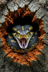 Striking Serpent in Tree Hollow. Detail of snake.