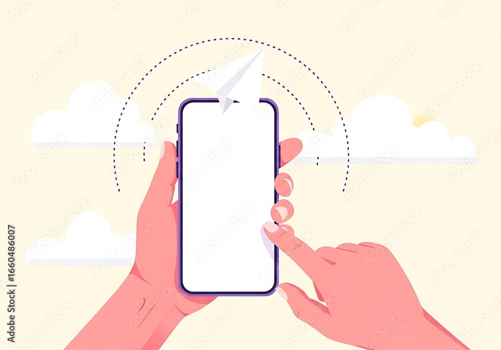 Poster smartphone in hand with paper airplane sending message through cloud network connectivity technology