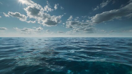 Naklejka premium Serene Ocean Scene: Sunlight, Cumulus Clouds, Deep Teal Water, Tranquil Mood.