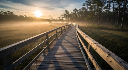 Naklejka premium Serene sunrise over a foggy swamp. Wooden walkway leads into misty forest. Perfect for travel, nature, tranquility themes.