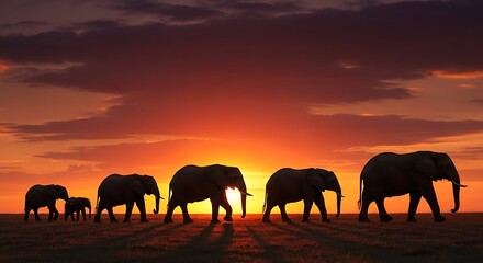 Fototapeta premium Majestic elephant family silhouetted against a vibrant African sunset. Perfect for wildlife, travel, and conservation projects.