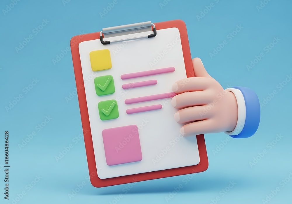 Poster stylized cartoon hand holding a clipboard with checkboxes and pink bars showing a list of tasks that