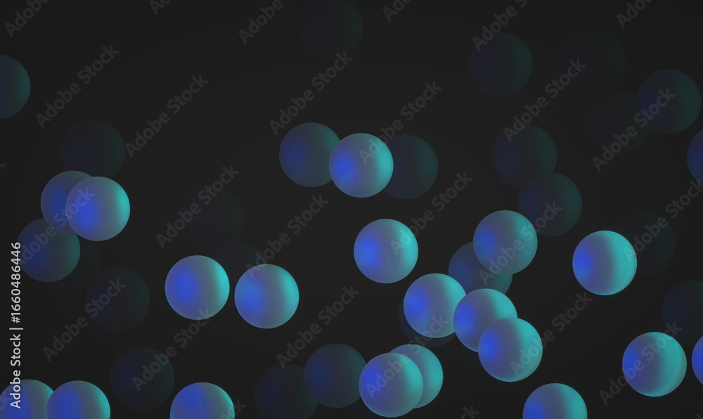 Poster abstract image of blue spheres floating against a dark background, evoking a sense of depth and move