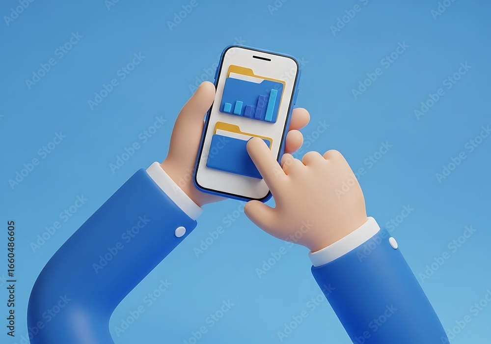 Aufkleber stylized hand holding smartphone with folders and bar graph data illustration showing data managemen