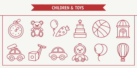 Minimal line icons of children s toys and playtime activities