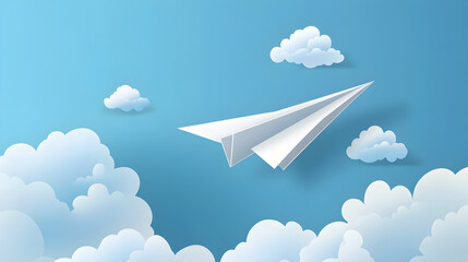 A paper airplane flies among fluffy white clouds in a blue sky.