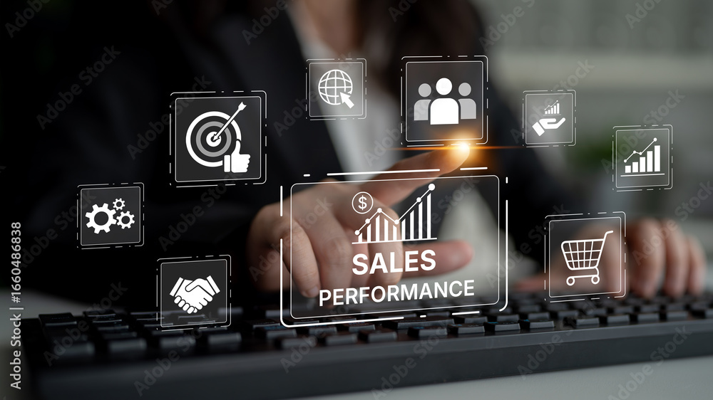Poster digital sales performance dashboard showing sales performance metrics, performance trends, sales per