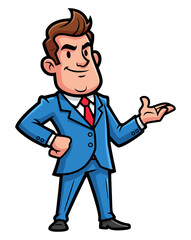 Obraz premium Corporate Man in Blue Suit Giving Presentation Gesture
