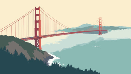 Fototapeta premium San Francisco, California – Golden Gate Bridge shrouded in fog with Marin hills, palette: bridge orange, fog gray, bay teal, pine green