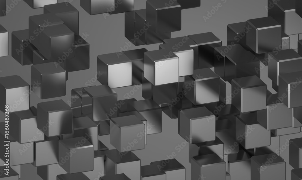 Poster a geometric and abstract grayscale composition featuring various cubes