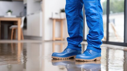 A person in blue work attire and waterproof boots stands in a puddle of water inside a damaged home, highlighting water issues.