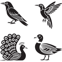 Collection of four different bird silhouettes isolated on white background including crow, hummingbird, peacock, and duck for decorative design elements