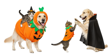 Golden retriever in pumpkin costume carrying tabby kitten in witch hat, and caped dog high fiving kitten in jack o lantern vest, Halloween pets, front view, studio light,  for holiday design