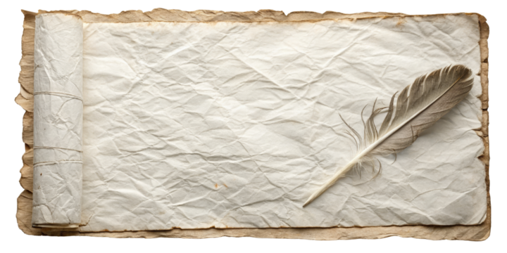 Antique Paper Scroll with Feather Quill, Isolated on Transparent Background, Vintage, Texture, Writing, Parchment, Quill Pen, Scroll - Powered by Adobe