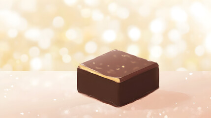 A single square chocolate candy sits on a light pink surface.