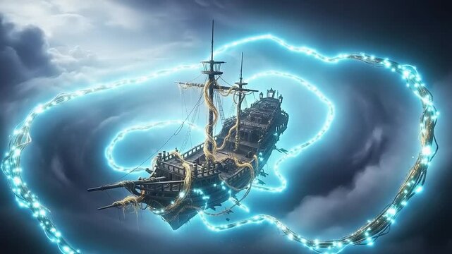 A ghostly ship sailing through stormy skies, surrounded by glowing energy, evoking mystery