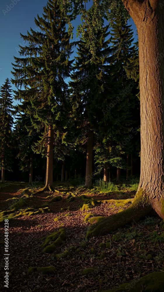 Aufkleber low-angle shot of a serene forest with sunlight filtering through tall trees, creating a tranquil vi