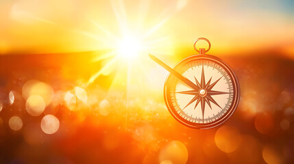 A compass sits against a bright sunlit background suggesting direction and travel.