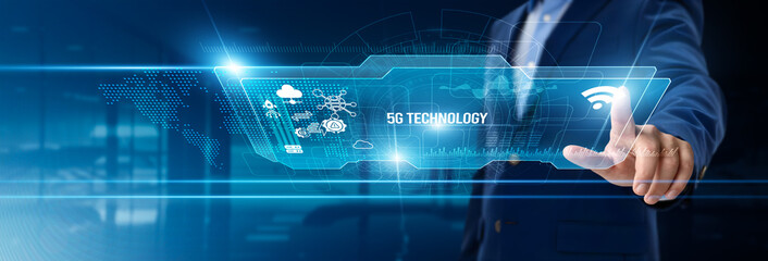 Businessman touching 5G technology on digital screen, wireless connectivity, mobile innovation, communication speed, smart infrastructure development, future network transformation.