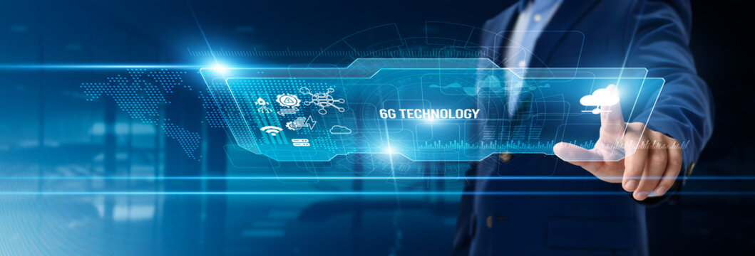 Businessman touching 6G technology on digital screen, ultra-fast communication, intelligent connectivity, immersive virtual reality, advanced IoT integration, next-generation digital solutions.