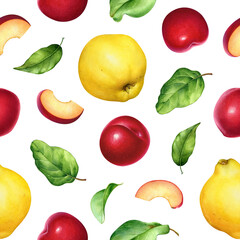 Watercolor fruit design with quinces, plums and green leaves. Seamless fruit pattern