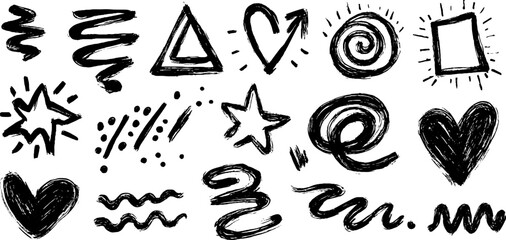 Hand drawn doodle set of abstract elements including arrows, stars, and hearts for creative design