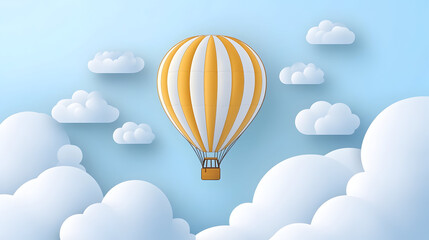 A yellow hot air balloon floats among fluffy white clouds in a blue sky.