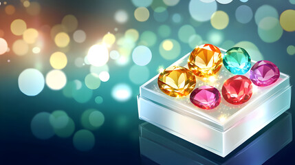 Colorful gemstones displayed in a clear box against a bokeh background.